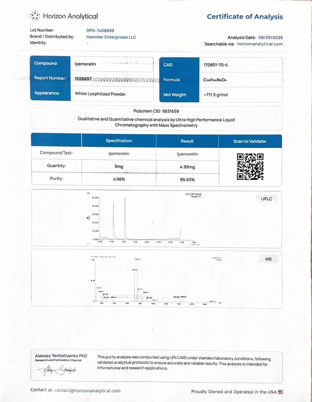 Ipamorelin certificate of analysis from Horizon Analytical