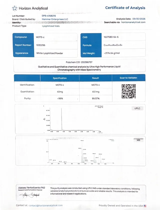 MOTS-c certificate of analysis from Horizon Analytical