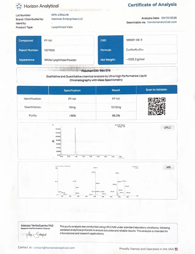 PT-141 certificate of analysis from Horizon Analytical