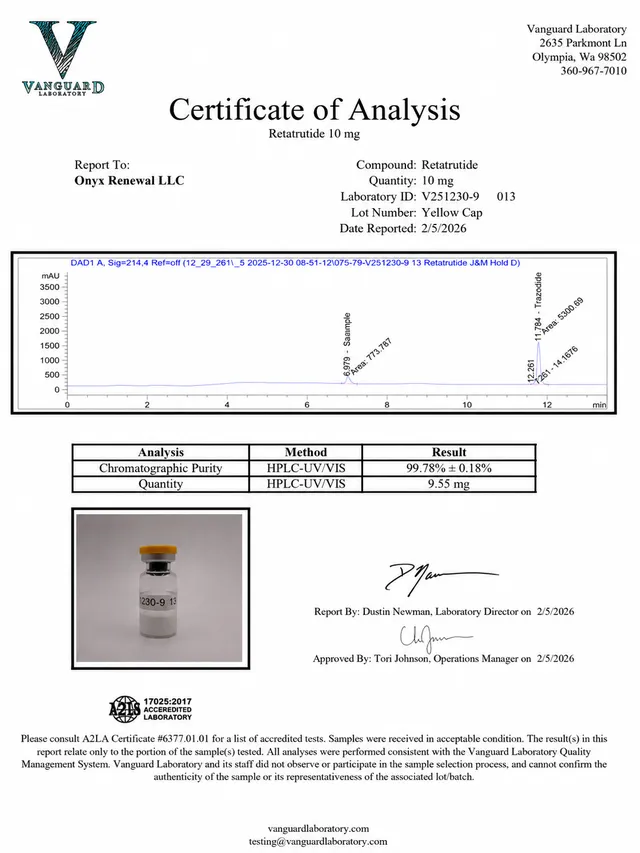 Retatrutide certificate of analysis from Vanguard Laboratory